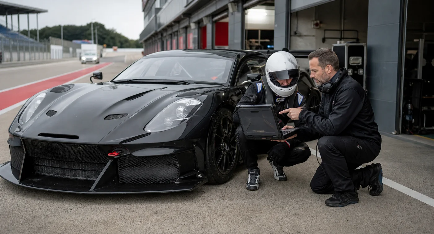 Pilota e coach analizzano i dati tra due sessioni con una vettura GT