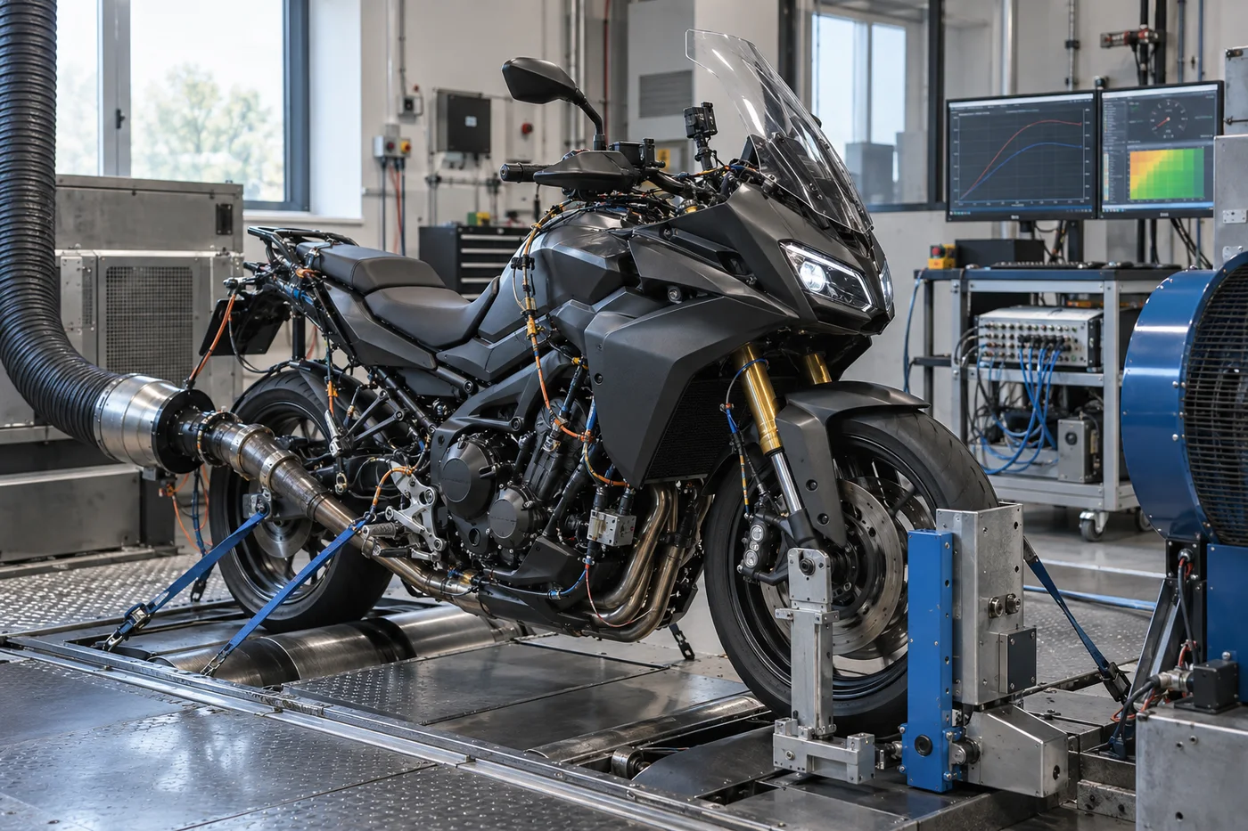 Motociclo strumentato durante una prova tecnica su banco a rulli
