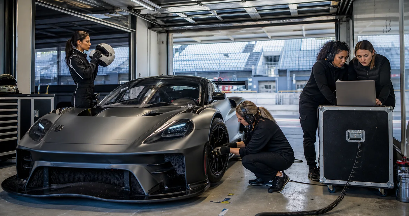 Pilota, tecniche e ingegnere al lavoro su un progetto motorsport femminile